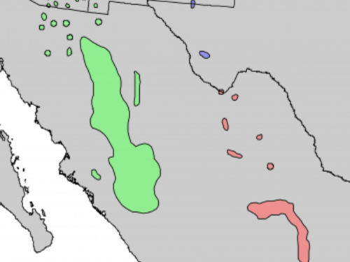 Natural range of <em>Pinus arizonica </em>varieties.